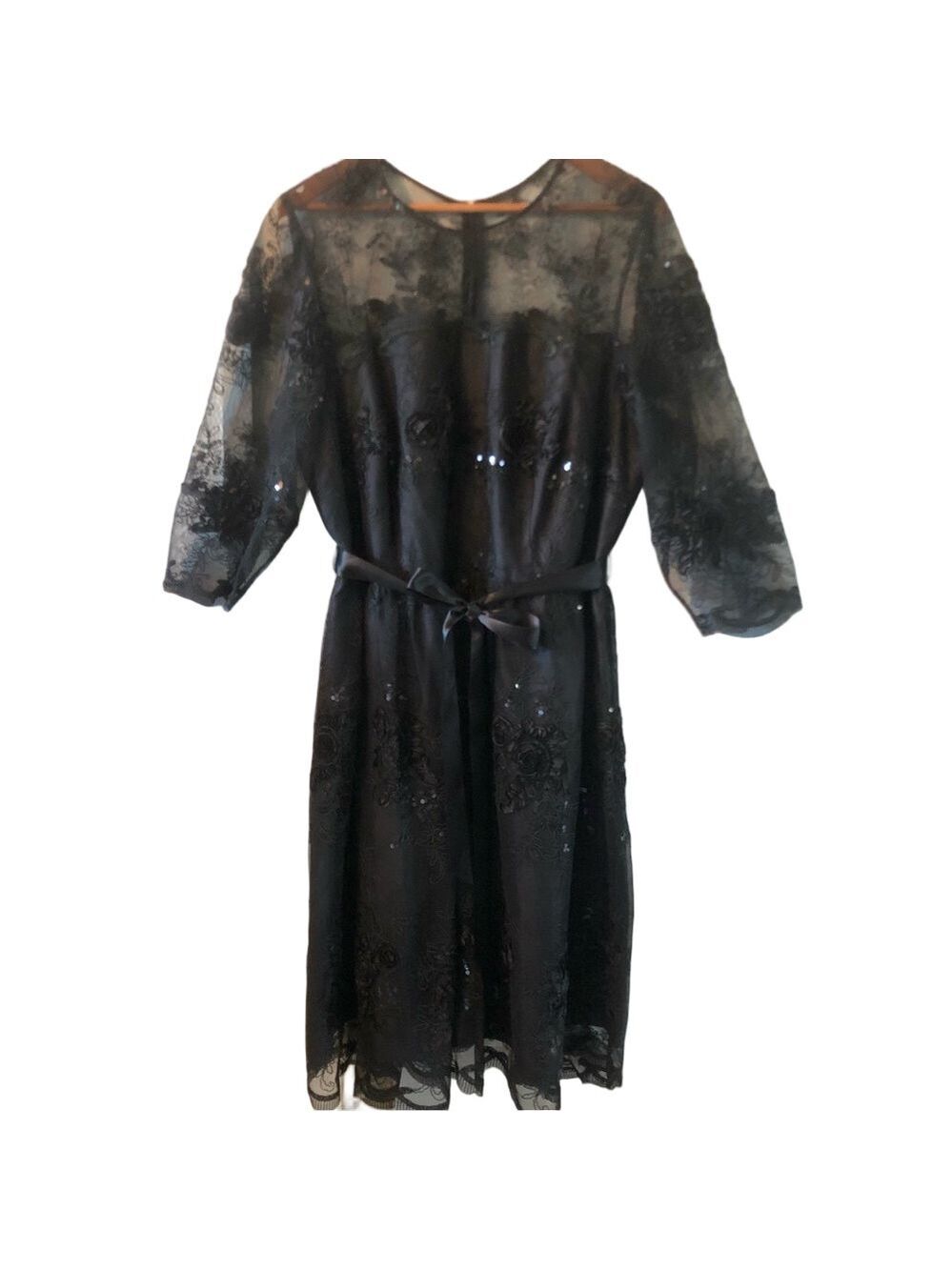 Black Lace Special Occasion Dress with Sequins Size 16W Midi Elbow Sleeves